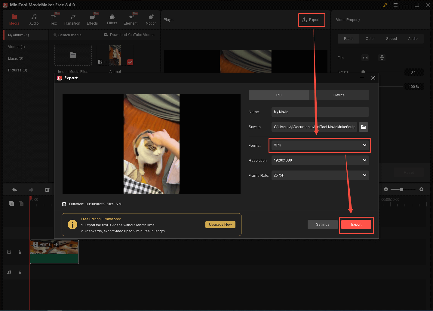 Ein Screenshot zum Festlegen von MP4 als Ausgabeformat in MiniTool MovieMaker.