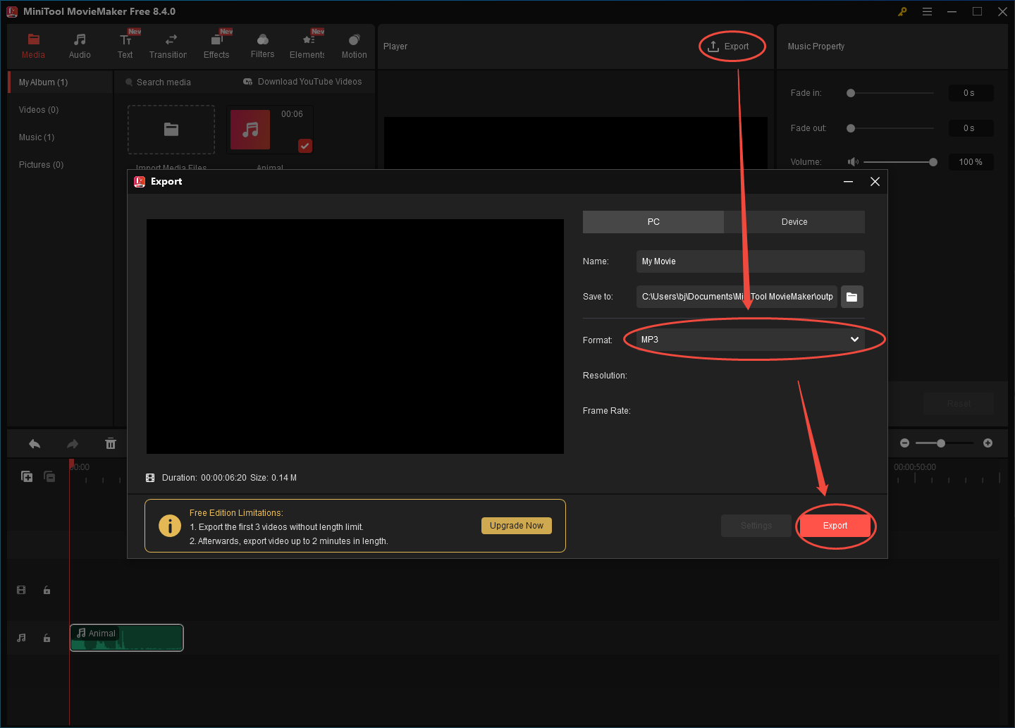MiniTool MovieMaker Export window that shows how to set MP3 as the output format and start the conversion.