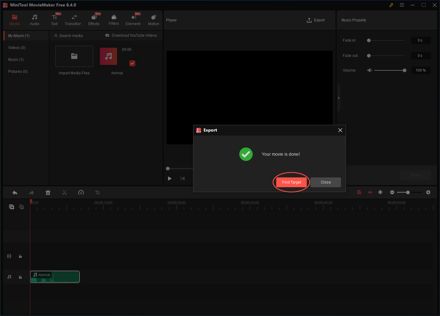 MiniTool MovieMaker interface with the Find Target button selected to locate the output file.