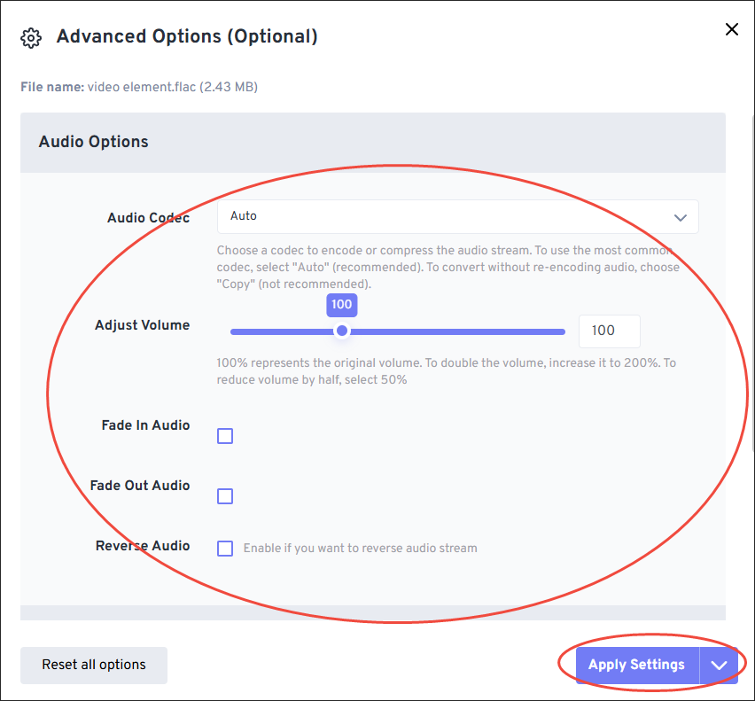 The Advanced Options window of FreeConvert.