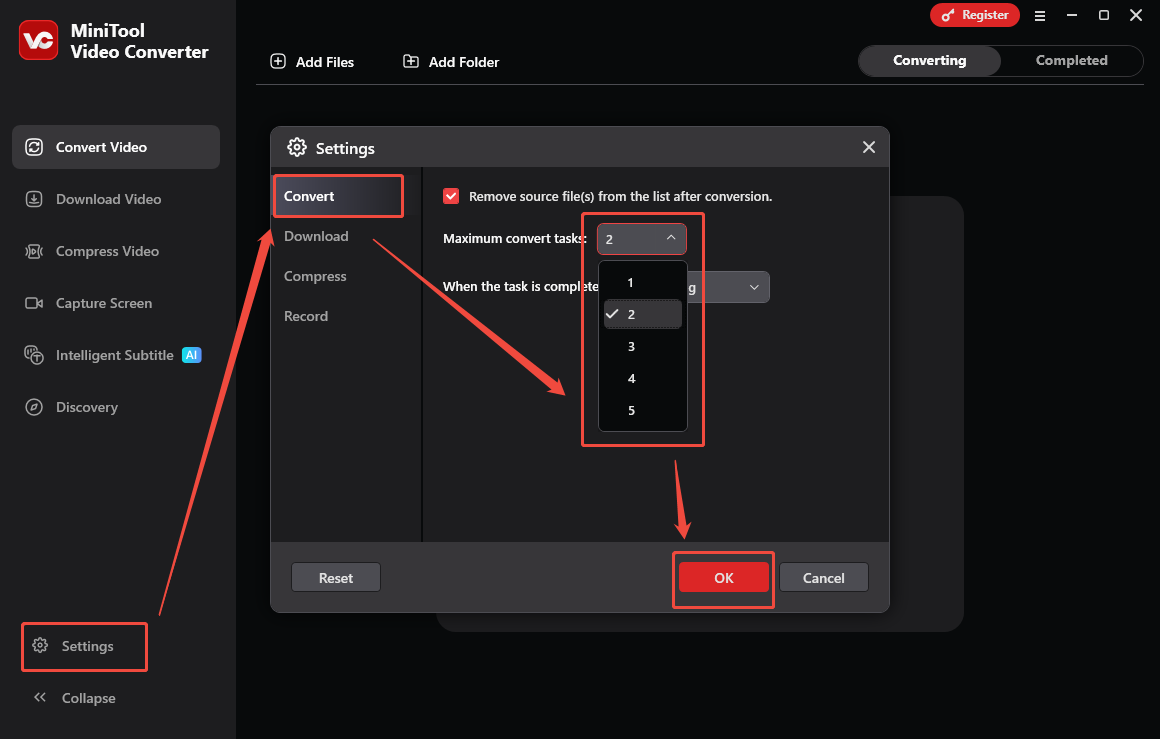 MiniTool Video Converter’s Convert Video interface that shows how to customize the maximum conversion tasks.