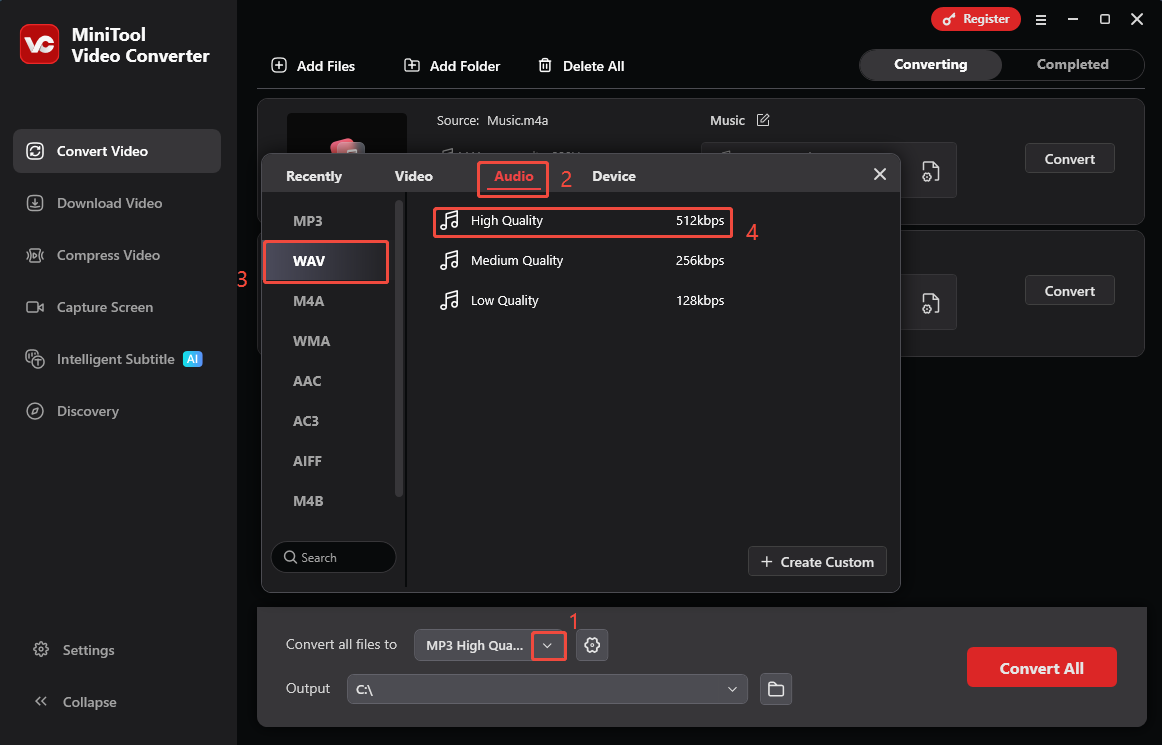 MiniTool Video Converter’s Convert Video interface that shows how to set WAV High Quality as the output format.