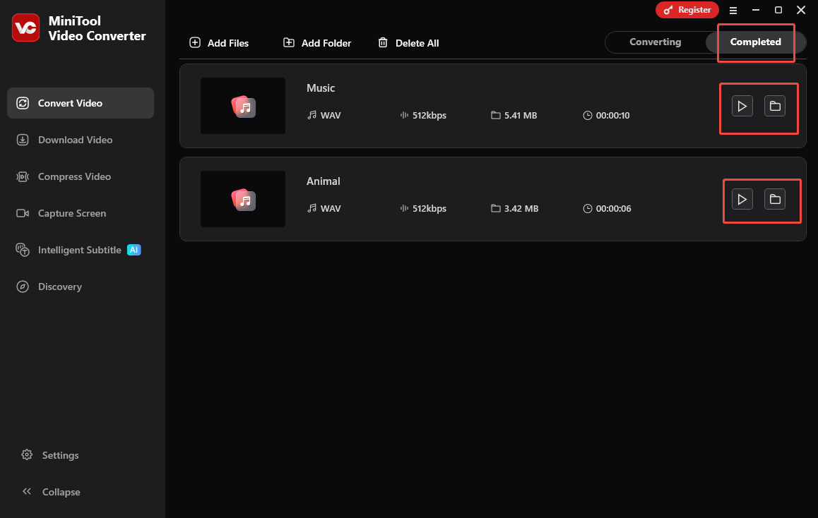 MiniTool Video Converter’s Convert Video interface with the Play and Folder icons selected under the Completed section.