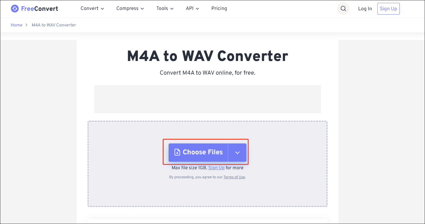 FreeConvert interface with the Choose Files option selected to upload the M4A files.