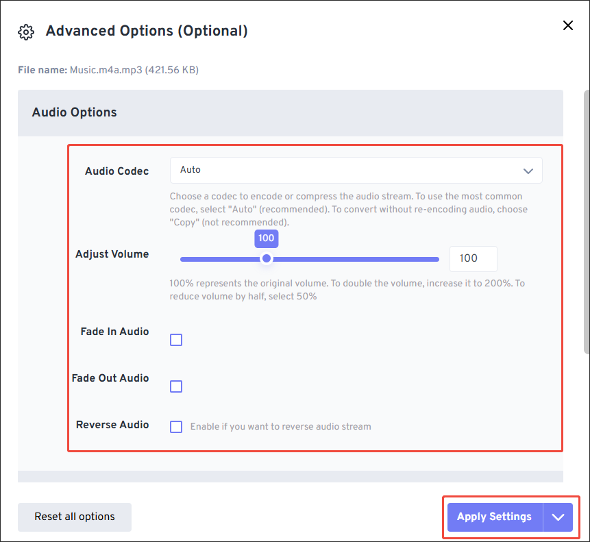 The Advanced Options window of FreeConvert.