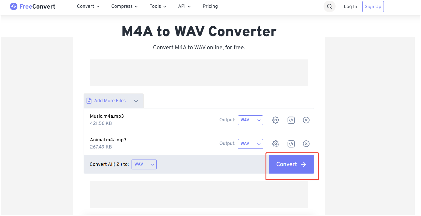 FreeConvert interface with the Convert button selected to begin the conversion.