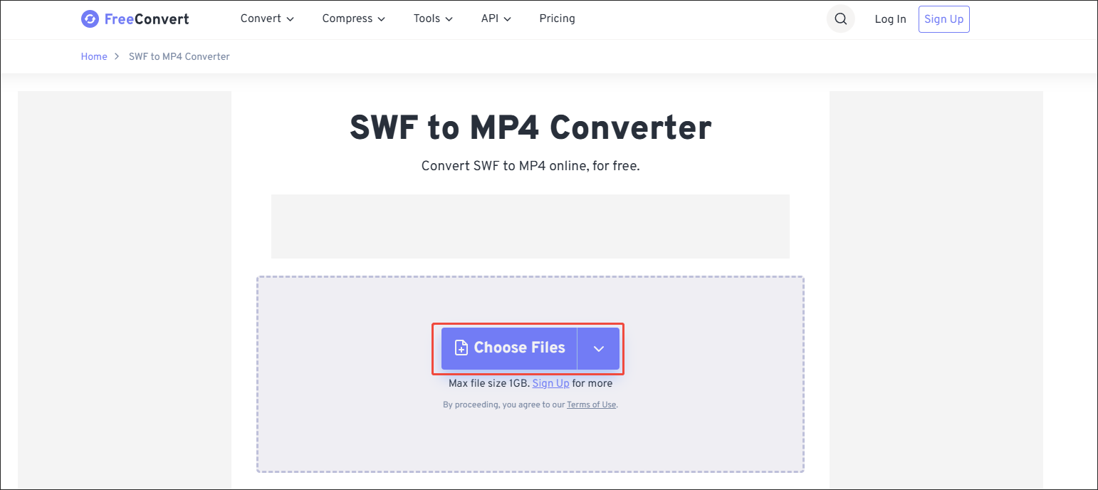 The FreeConvert interface with the Choose Files option selected to import the SWF files.