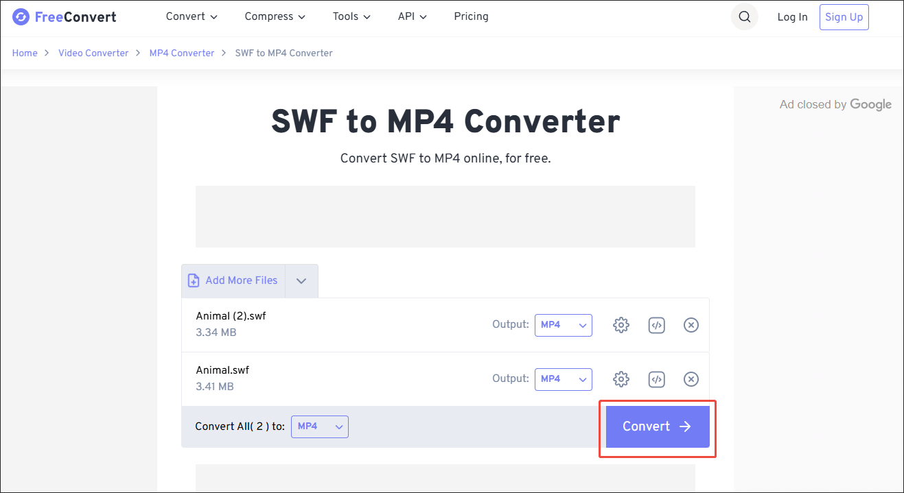 The FreeConvert interface with the Convert button selected to begin the conversion process.
