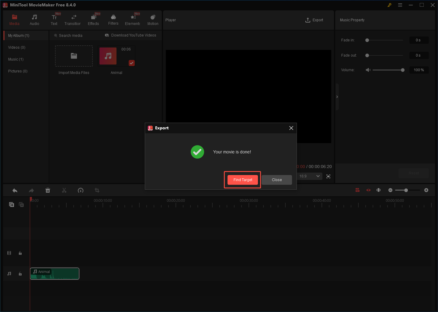 MiniTool MovieMaker interface with the Find Target option selected to locate the converted file.