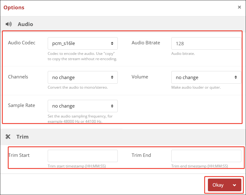 The Options window of CloudConvert.