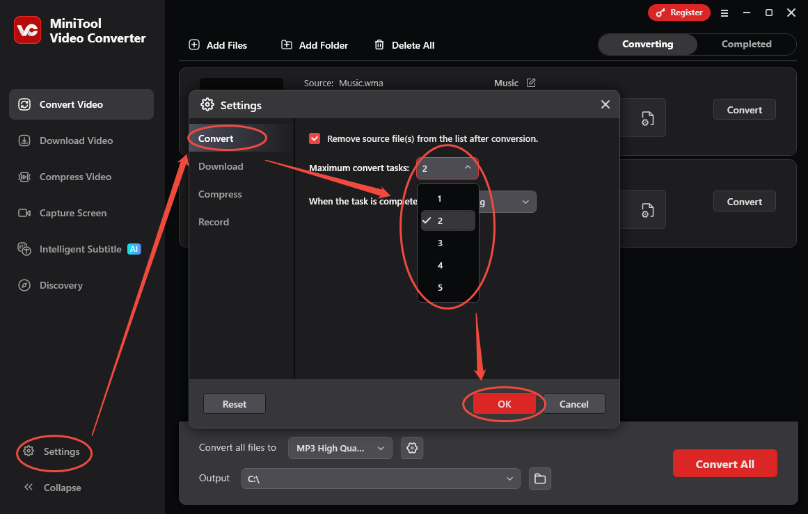 MiniTool Video Converter’s Convert Video interface that shows how to customize the maximum conversion tasks.