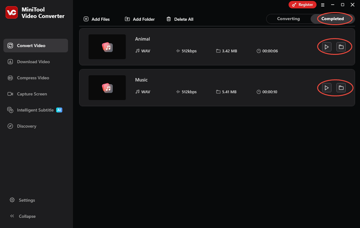 MiniTool Video Converter’s Convert Video interface with the Play and Folder icons selected under the Completed section.