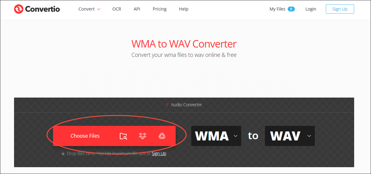 Convertio interface with the Choose Files option selected to import the WMA files.