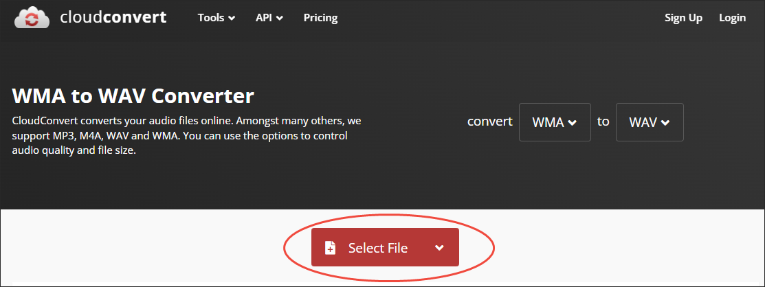 CloudConvert interface with the Select File option selected to upload the WMA files.