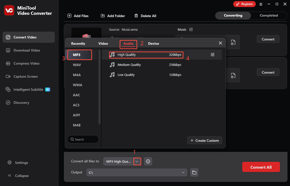 MiniTool Video Converter’s Convert Video interface that shows how to set MP3 High Quality as the output formats