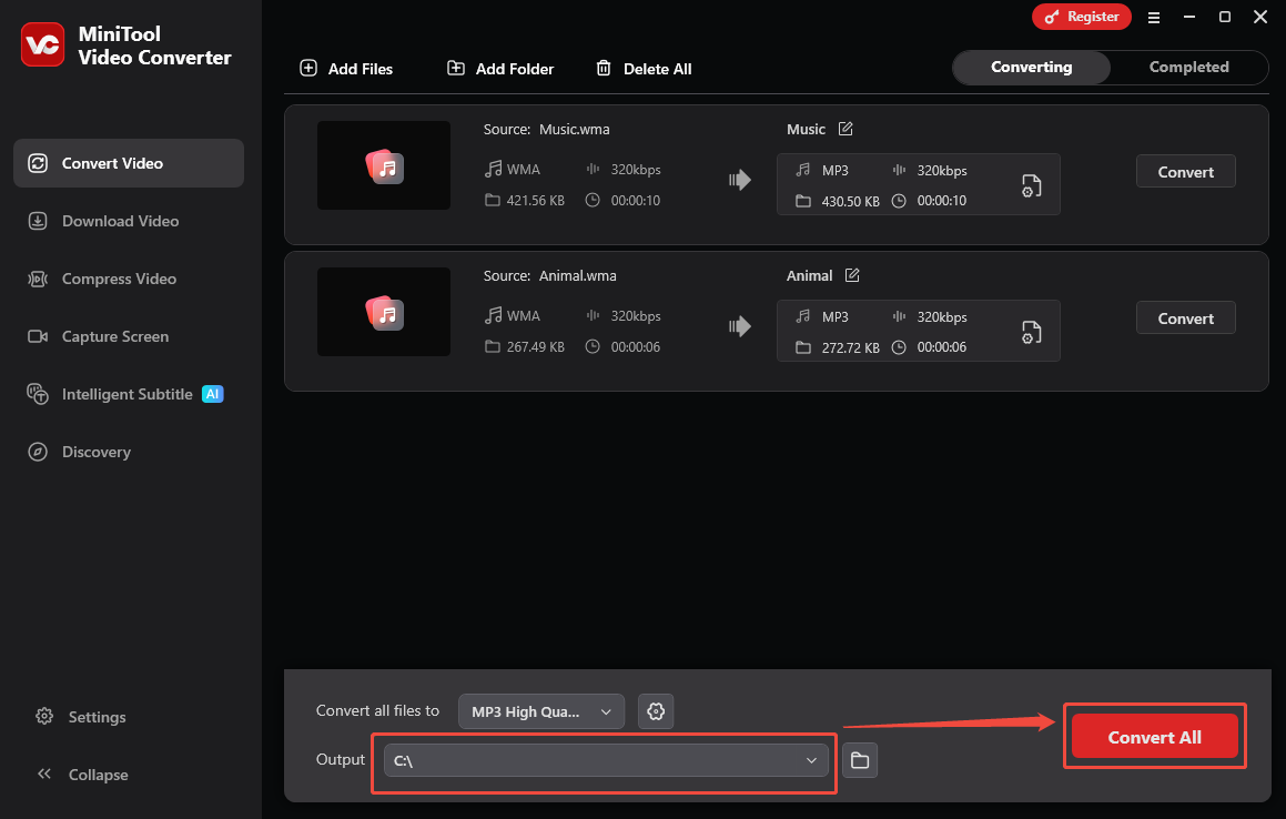MiniTool Video Converter’s Convert Video interface with the Output option selected and the Convert All button chosen.