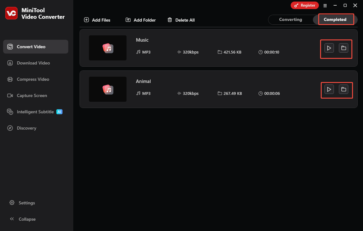 MiniTool Video Converter’s Convert Video interface with the Play and Folder icons selected under the Completed section.