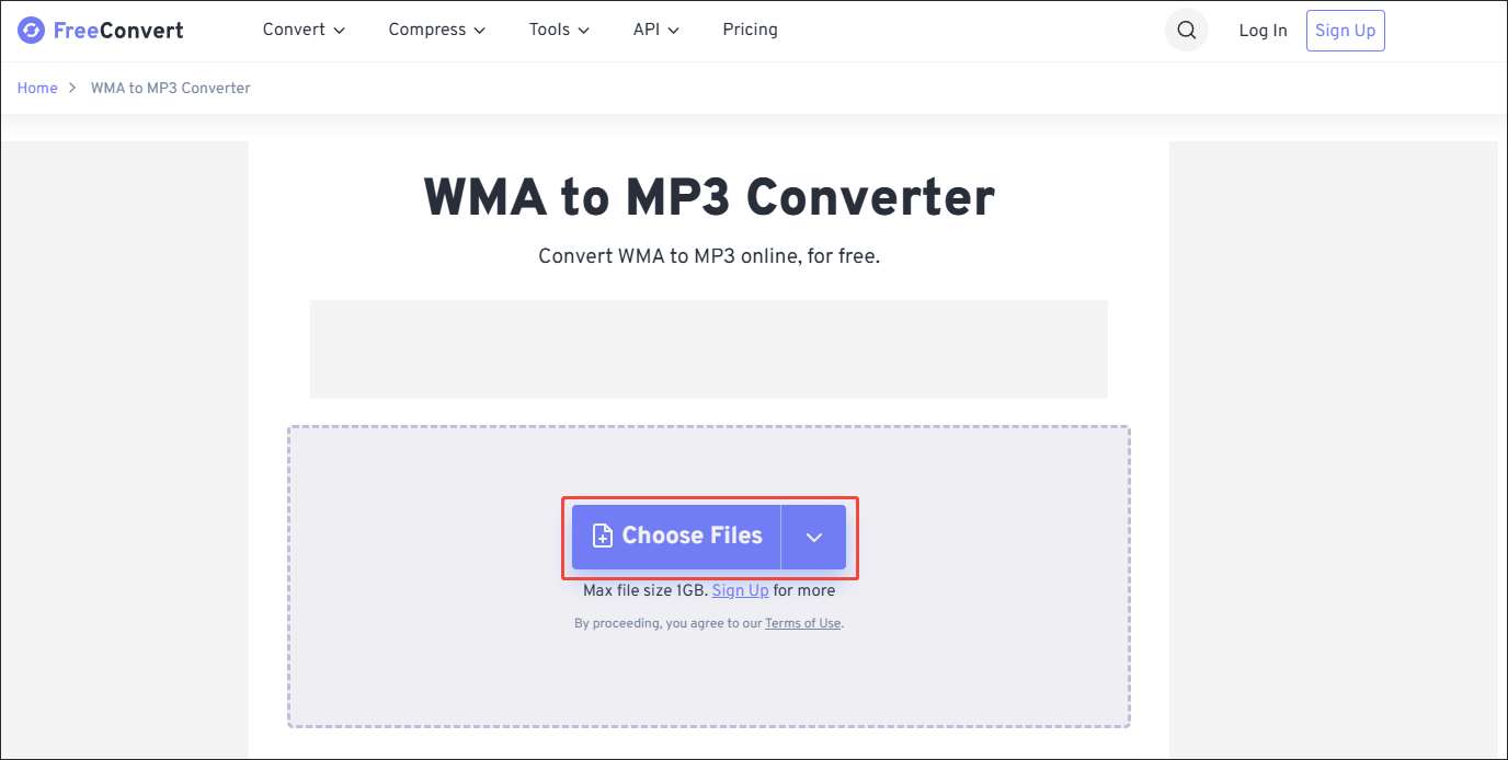 FreeConvert interface with the Choose Files option selected to import the WMA files.