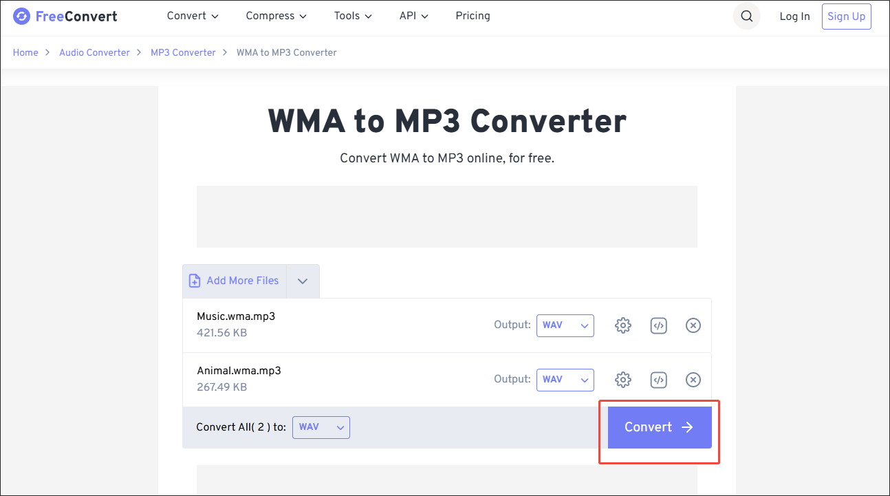 FreeConvert interface with the Convert button to begin the conversion process.