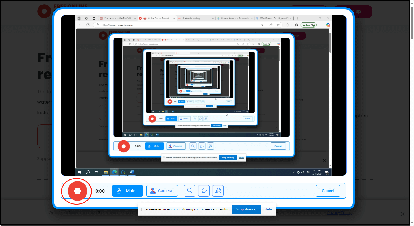 Online Screen Recorderの公式サイトで録画ボタンをクリックして録画を開始する
