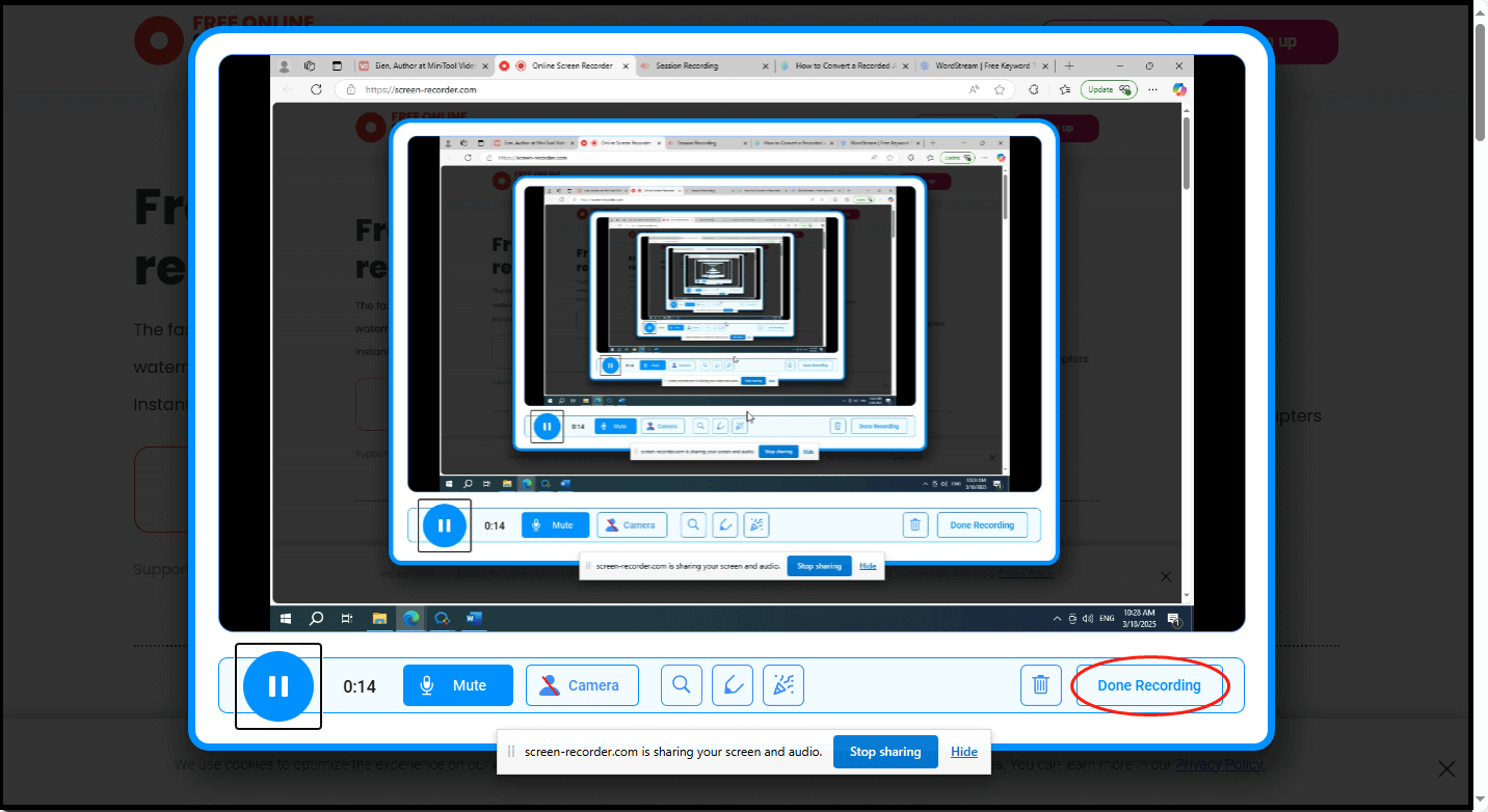 Online Screen Recorderの公式サイトでDone Recordingボタンをクリックしている様子