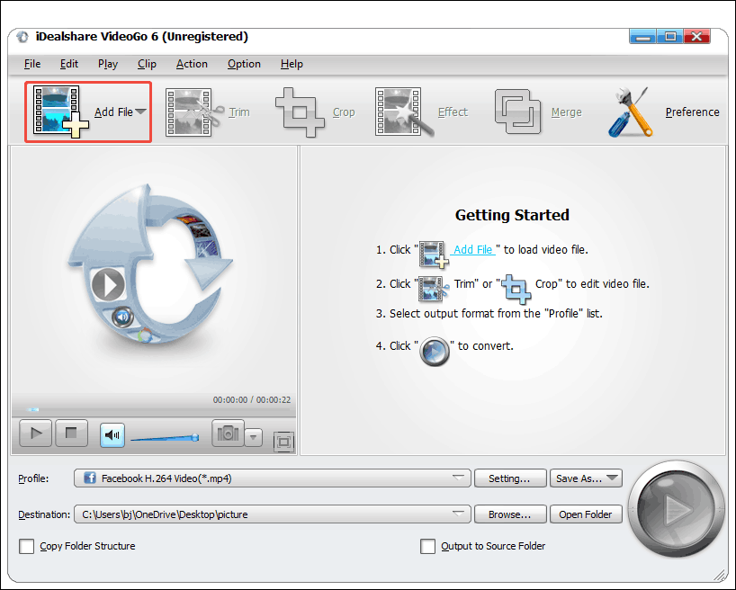 iDealshare VideoGo interface with the Add File option selected.