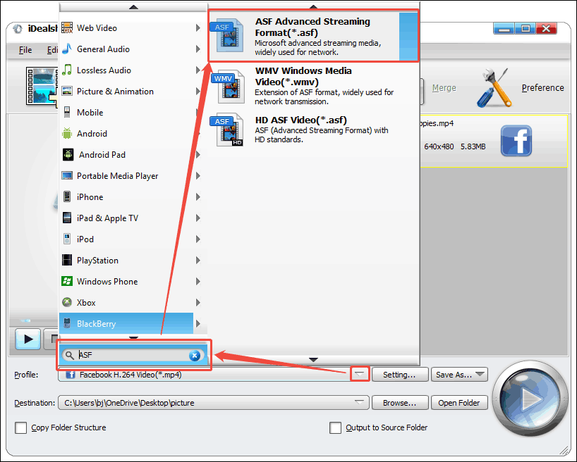 iDealshare VideoGo interface showing how to set ASF as the output format.
