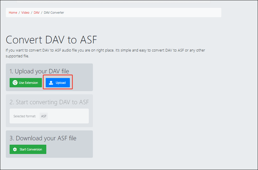 ConvertHelper interface with the Upload option selected.