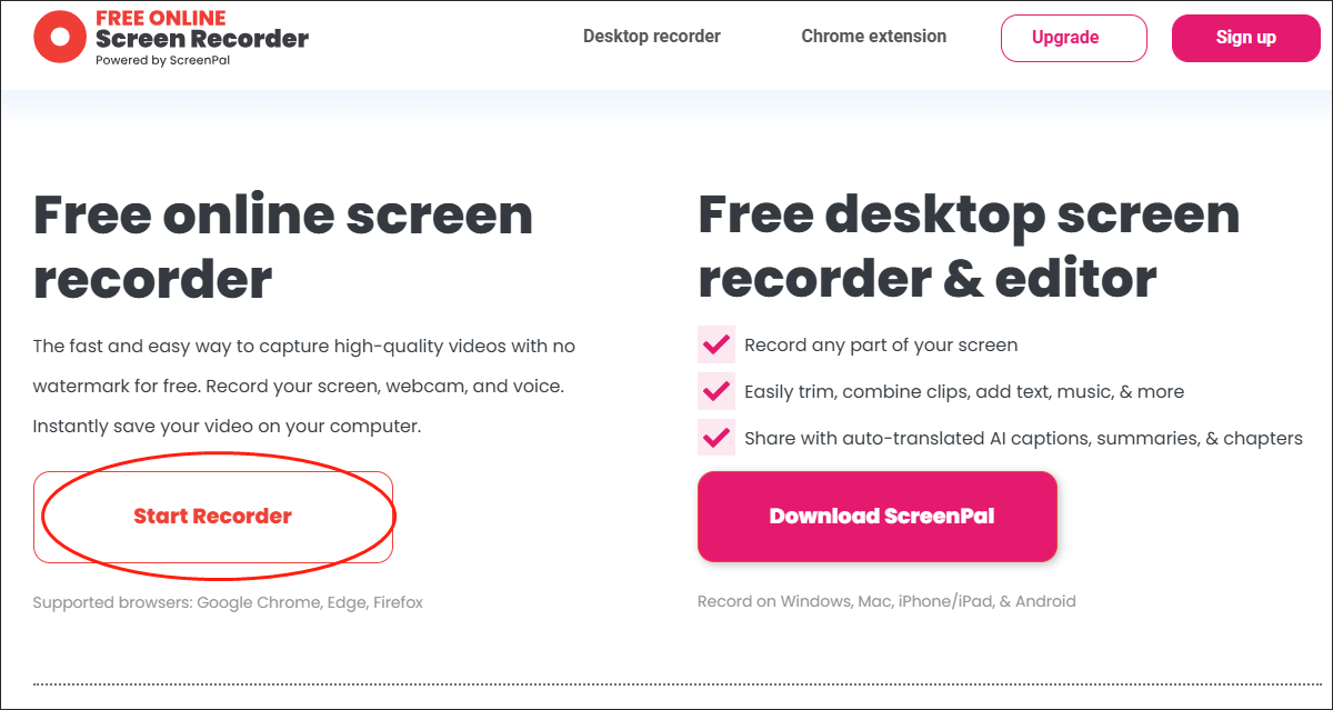 Free online screen recorderでStart Recorderボタンをクリックしている様子