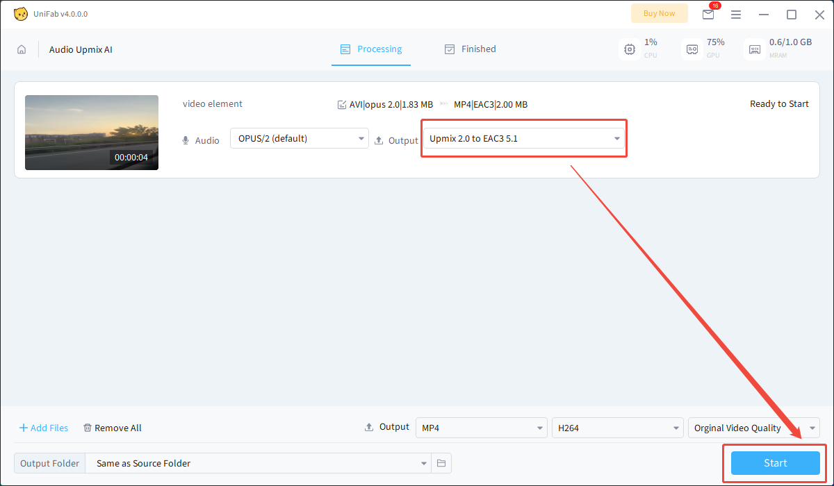 UniFab interface that shows how to set Upmix 2.0 to EAC3 5.1 as the output format and begin the conversion process.