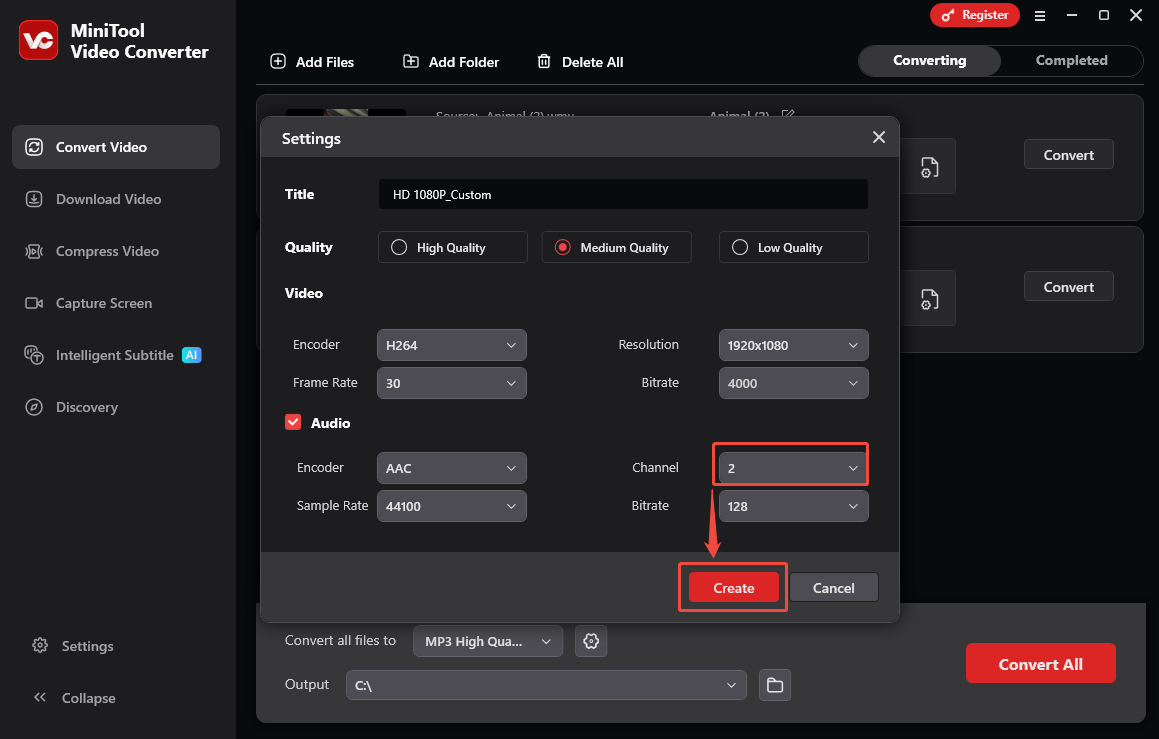 MiniTool Video Converter Settings window with the Channel option expanded and the value 2 chosen.