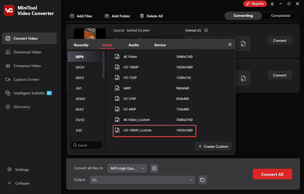 MiniTool Video Converter’s Convert Video interface with the HD 1080P_ Custom option selected.