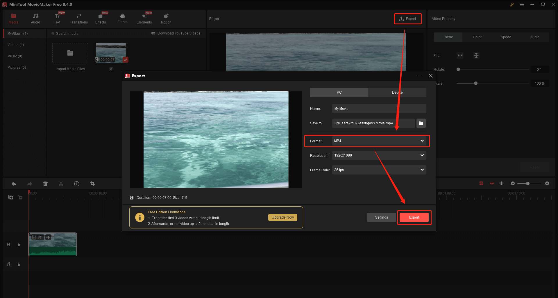 MiniTool MovieMakerで出力形式を選択している様子