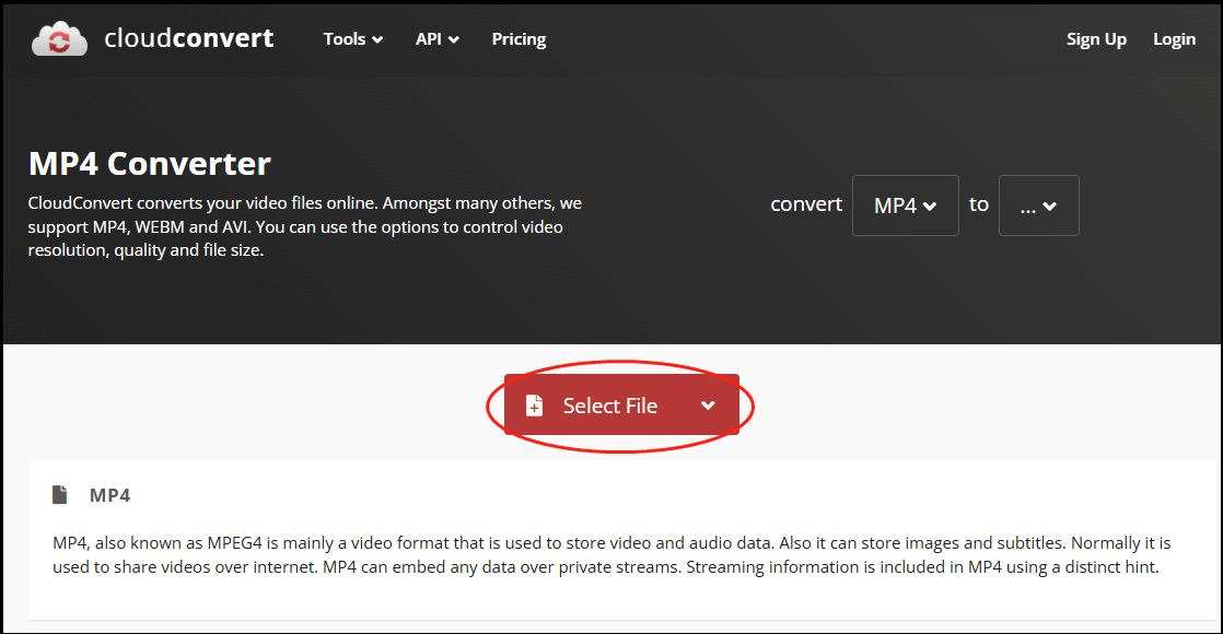 CloudConvertでSelect Fileをクリックしている様子