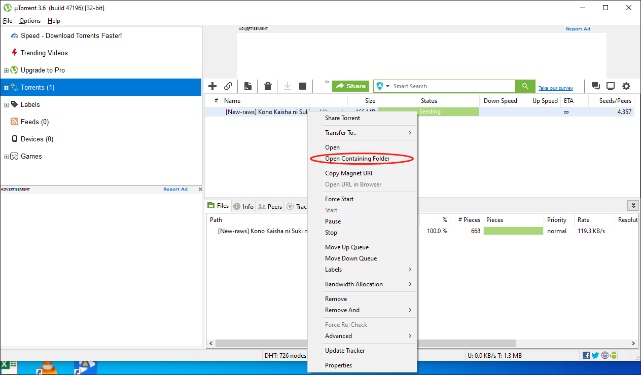 µTorrentで「保存先フォルダを開く」をクリックしている様子