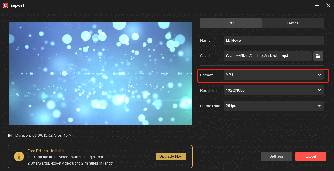 MiniTool MovieMakerで出力形式をMP4に設定している様子