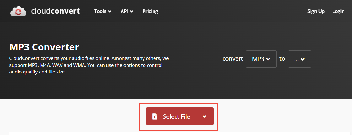 CloudConvertでSelect Fileをクリックしている様子