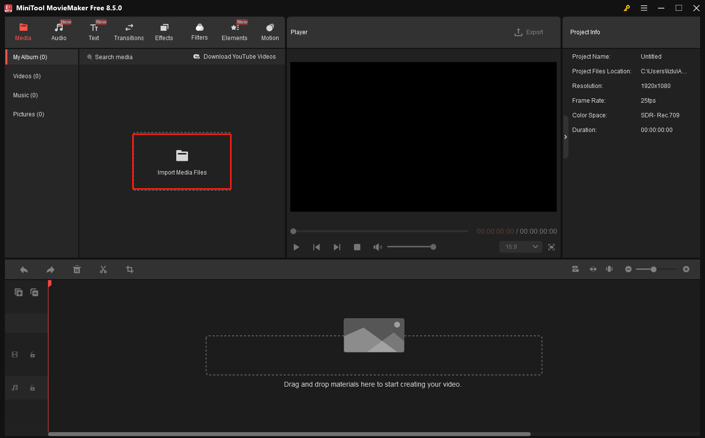 MiniTool MovieMakerで「Import Media Files」をクリックしている様子