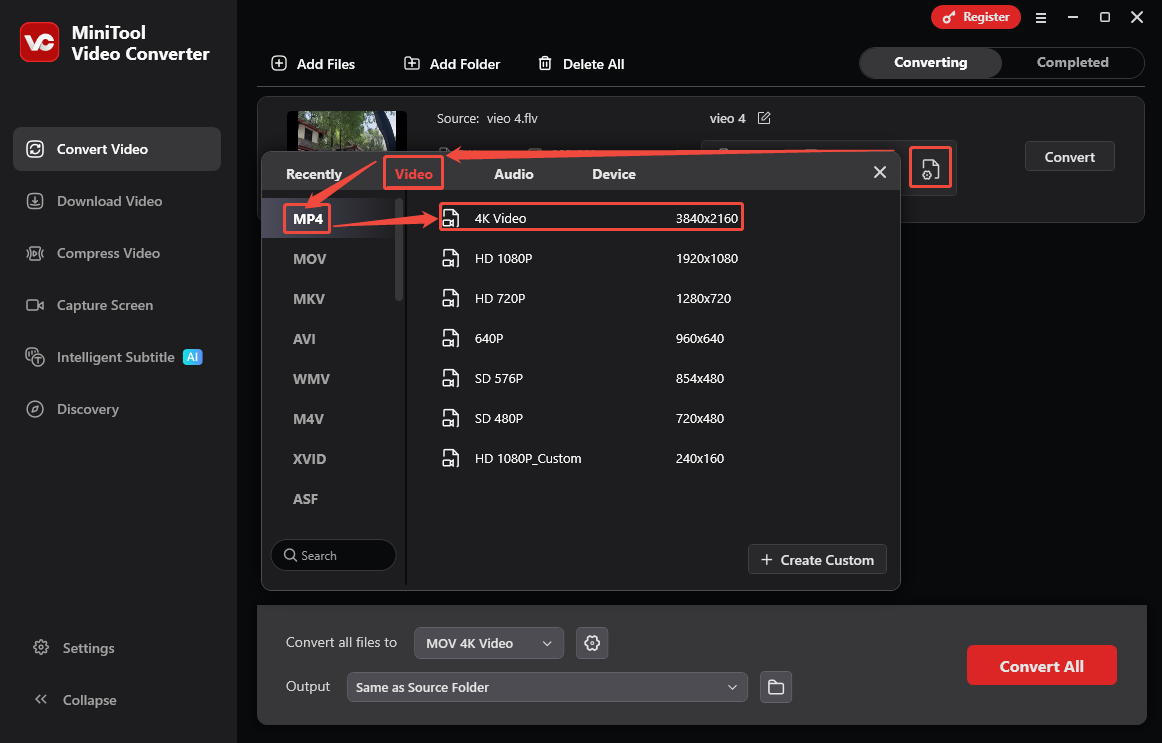 Ein Screenshot zum Festlegen von MP4 als Ausgabeformat.
