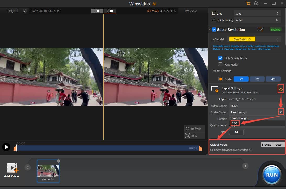 Winxvideo AI interface with the Export Settings option, the Audio Codec option, and the Output Folder option selected.