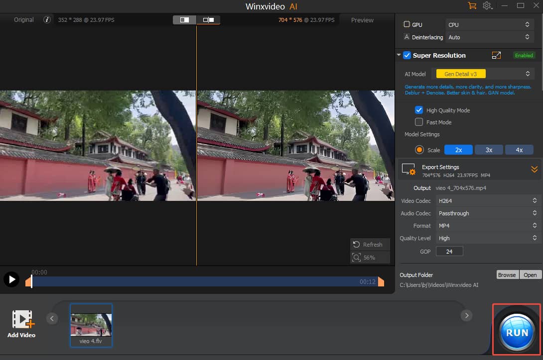 Winxvideo AI interface with the RUN button selected.