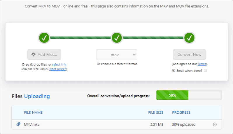 ZamzarでMKVをMOVに変換している様子