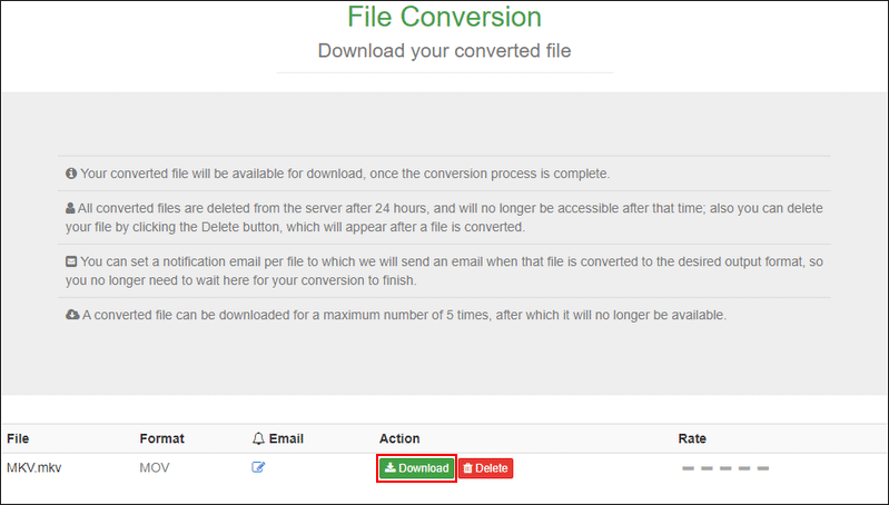FreeFileConvertでダウンロードボタンをクリックしている様子