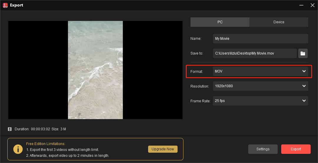 MiniTool MovieMakerで出力形式をMOVとして選択している様子