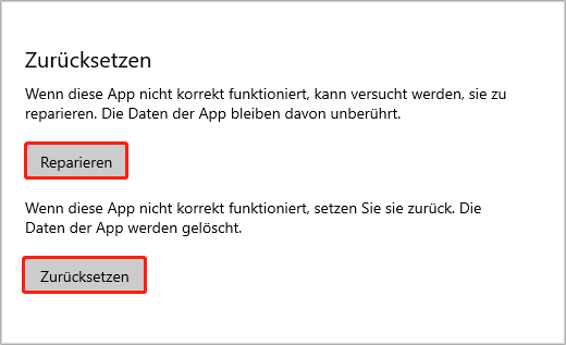 Markierung von Reparieren und Zurücksetzen auf der Seite Game Bar.