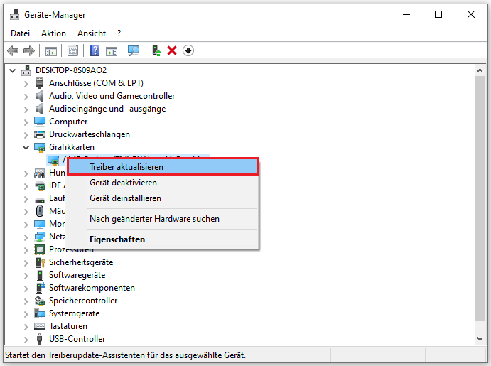 Markierung der Option Treiber aktualisieren im Geräte-Manager.