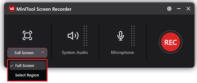 Markierung beider Optionen zum Aufnahmebereich Vollbild und Bereich auswählen.