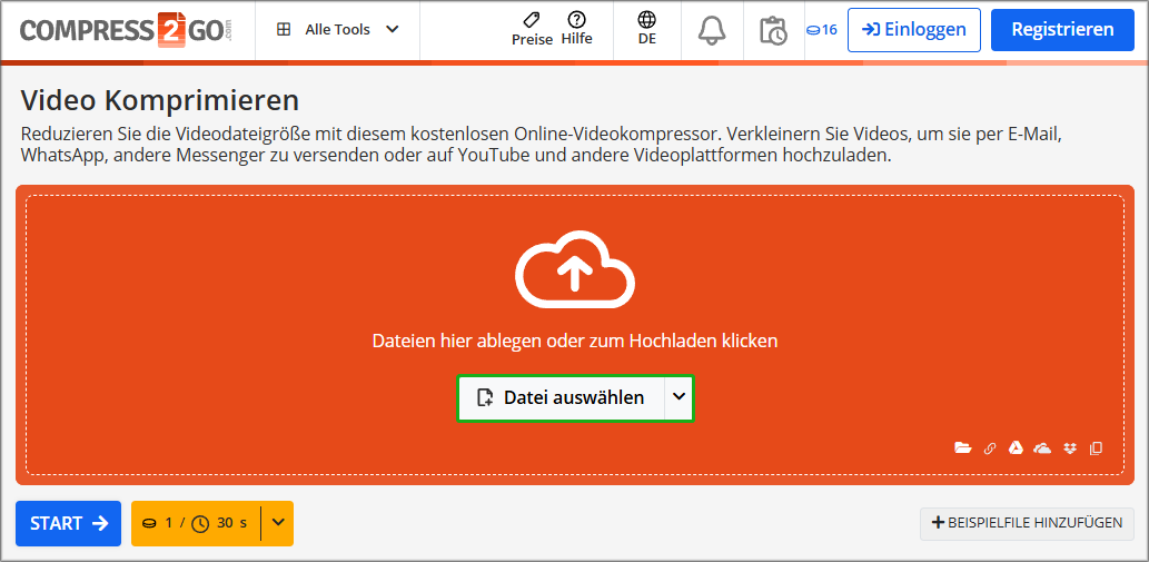 Markierung von Datei auswählen bei Online File Compressor.