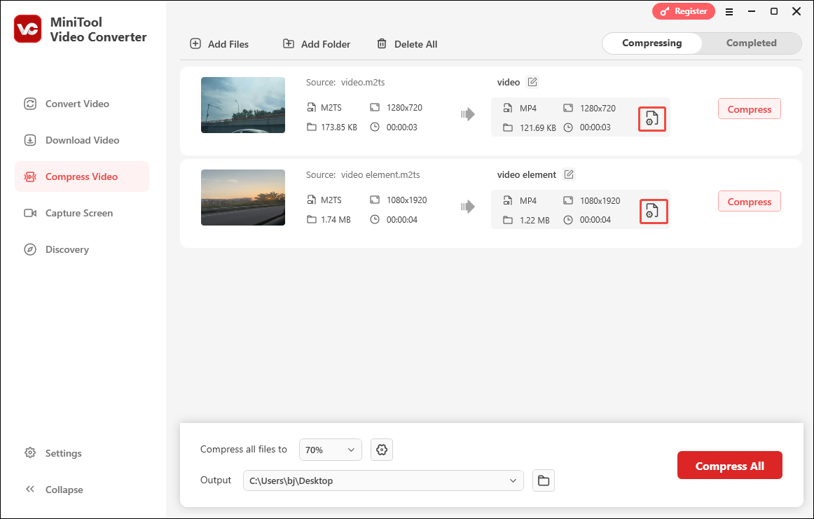 Ein Screenshot zum Öffnen von Komprimierungseinstellungen über das Bearbeiten-Symbol.