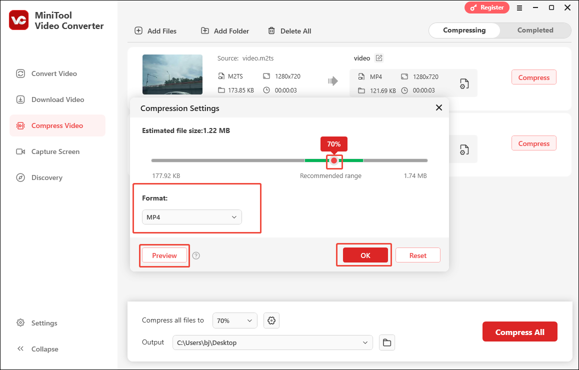 Ein Screenshot zum Anpassen der Dateigröße und des Ausgabeformats für komprimierte Videos.